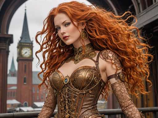 A woman with long red hair and a corset made of metal is the main subject of this image. She has her arms crossed over her chest and is looking directly at the camera. The background features an old brick building with a clock tower on top, suggesting that she might be in a historical or architectural setting.
