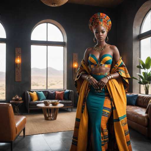 A woman stands confidently in a room with large windows that offer a view of the desert landscape outside. She is dressed in an elegant yellow and green dress paired with a matching headpiece. The room features a brown leather couch against one wall and a wooden coffee table on another. A plant sits on the floor next to the couch, adding a touch of nature to the indoor setting.