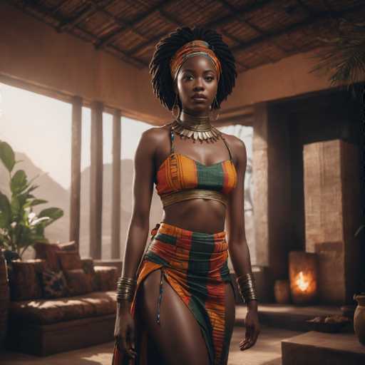 A woman stands confidently in front of a window with a view of mountains and trees outside. She wears an orange and green striped top paired with a skirt that falls down to her knees. The woman is adorned with gold jewelry, including earrings and bracelets, which complement the vibrant colors of her outfit. A potted plant sits on the windowsill behind her, adding a touch of nature to the indoor setting.