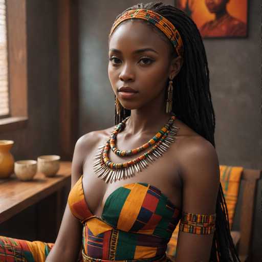 A woman with long dreadlocks is seated at a table, wearing an orange and green striped dress that features a high neckline and a large necklace made of colorful beads. The setting appears to be indoors, as indicated by the presence of vases on the table in front of her.