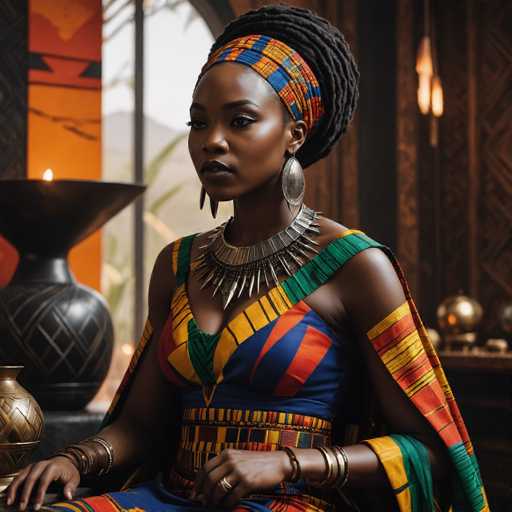 A woman with long dreadlocks and a colorful headband is seated on a chair in front of a window that offers a view of mountains. She wears a blue dress adorned with orange and yellow stripes, and gold bangles encircle her wrists. The room features a black vase filled with flowers and other decorative items, including a large pot and a smaller one.