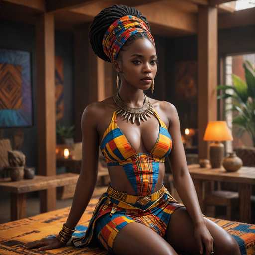 A woman is seated on a wooden bench with her legs crossed and wearing a colorful outfit that includes a head wrap and necklace. The setting appears to be indoors, possibly in a room with wooden walls and furniture.