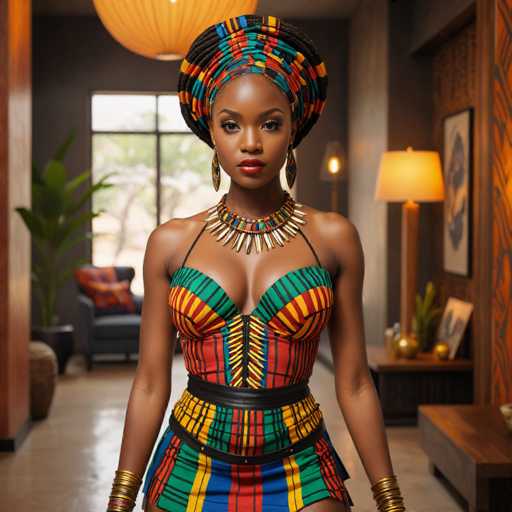 A woman is standing in front of a window with a colorful headpiece and necklace on her head. She is wearing a dress that has stripes of blue, green, yellow, and red colors. The room she's in appears to be a living space or bedroom, as there are two chairs visible in the background.