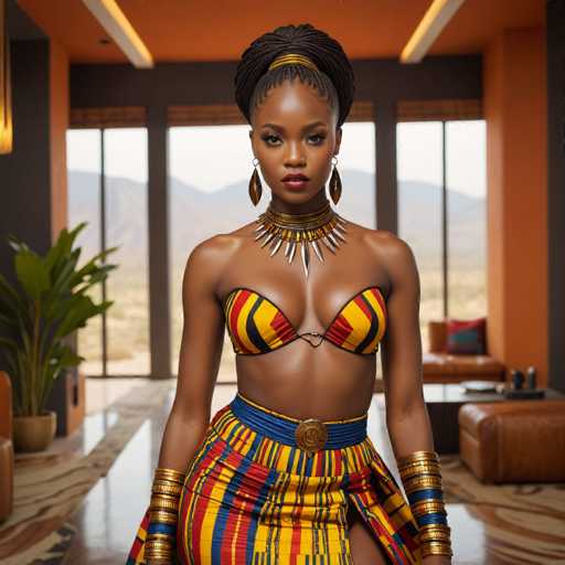 A woman is standing in front of a window with her back turned towards the camera. She is wearing a colorful skirt and top that includes a yellow and red striped pattern, as well as gold bangles on her wrists. The room has an orange wall and a green plant near the window.