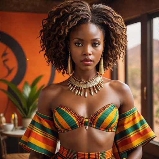 A woman with long curly hair wearing a colorful striped top and gold earrings stands in front of an orange wall with a black circle design on it.