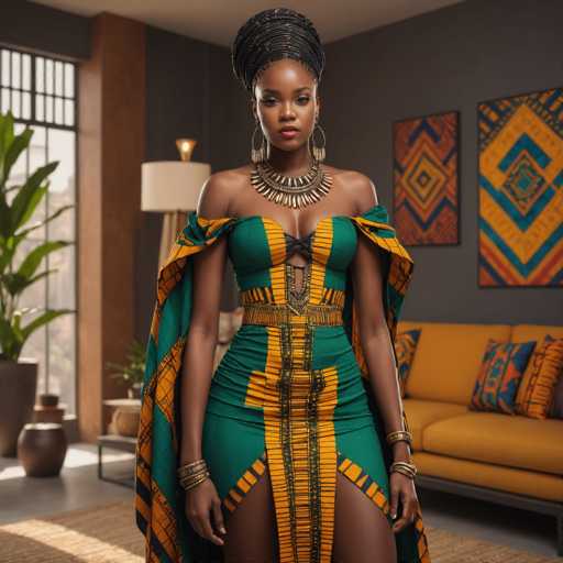 A woman stands confidently in a room with a large window and a plant on the windowsill behind her. She is wearing a green dress with gold accents that features a split waistline and a high neckline. The woman has her hair styled in an elegant updo and wears earrings, a necklace, and bracelets as part of her outfit.