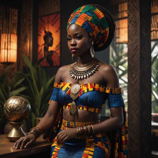 A woman is seated at a table with a gold ball on it. She is wearing a colorful dress and a head wrap adorned with beads. The background features a painting of two people and a plant.