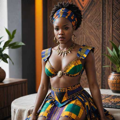 A woman is seated on a wooden table with her legs crossed and wearing a colorful African print dress that includes a skirt and top. She has a gold necklace around her neck and earrings in the same color scheme as her dress. The background features a brown wall adorned with a patterned design, and there are two potted plants placed next to each other on either side of the table.