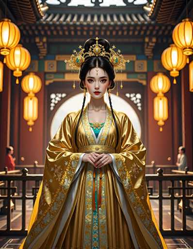 The image depicts a woman wearing traditional Chinese clothing and a gold headpiece with a green gemstone at the top of her hair. She is standing in front of an ornate archway adorned with yellow lanterns that cast a warm glow throughout the scene. The background features a wooden structure, adding to the overall atmosphere of the painting.