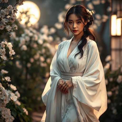 A young woman is captured in a moment of quiet contemplation amidst a garden setting. She is adorned in a traditional Chinese dress that is predominantly white with intricate gold embroidery on the sleeves and collar. The dress is complemented by a matching headpiece featuring a large flower at its center, adding to her ethereal beauty. Her hair is styled in an elegant updo, and she holds a small bouquet of flowers in her hands. The garden around her is filled with white flowers that add to the serene atmosphere of the scene.