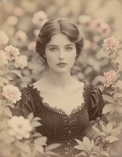 A woman with long brown hair and a black dress is the central figure in this sepia-toned image. She has her gaze directed straight at the camera, creating an engaging portrait. The background features a garden filled with pink flowers, adding a touch of nature to the scene.
