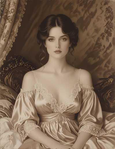 A woman is seated on a bed with a white lace dress and a gold headboard behind her. The image has a sepia tone that gives it an antique feel.