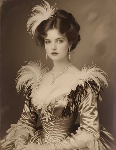 A woman is captured in a portrait that exudes an air of elegance and sophistication. She is adorned with a feathered headpiece and a necklace, both of which add to her regal appearance. The background is a simple beige color, providing a neutral backdrop for the woman's attire. Her pose is one of grace and poise, with her hands resting on her lap in a relaxed manner.