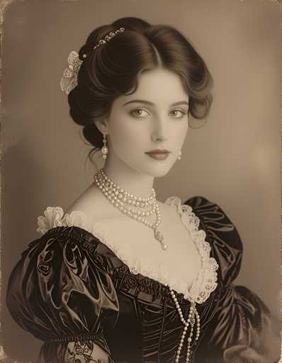 A woman with long brown hair is captured in a vintage black and white portrait. She wears a black dress adorned with lace sleeves and a pearl necklace that adds an elegant touch to her appearance. The background of the image is a light beige color, which contrasts nicely with the dark tones of the woman's attire.