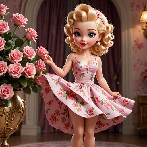 A blonde girl with curly hair is standing in front of a pink vase filled with roses and a gold candelabra on a white tablecloth.