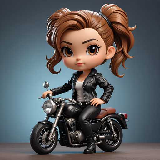 A 3D rendering of a cartoon girl with brown hair and big eyes is seated on a motorcycle. She is wearing a black leather jacket and boots, and the motorcycle has a silver engine and chrome accents. The background is a gradient blue color that complements the girl's outfit.
