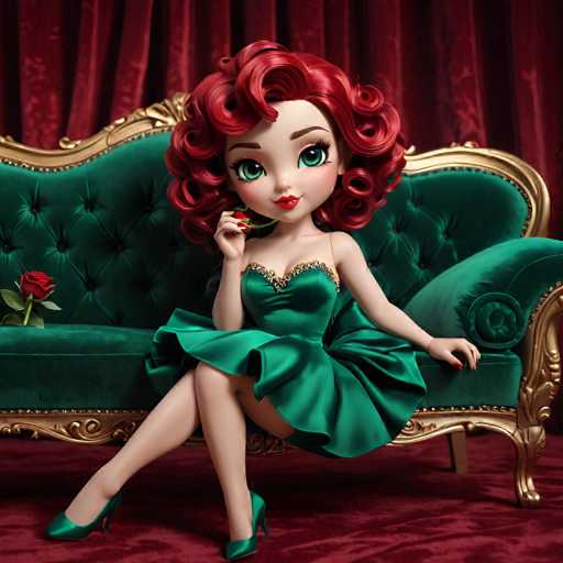 A cartoon girl with red hair and a green dress is sitting on a gold couch, holding a rose in her hand.