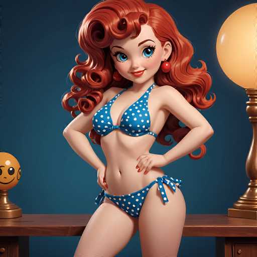 A cartoon girl with red hair and a blue bikini top is posing for the camera against a dark blue background. She has her hands on her hips and is looking directly at the viewer. The image also features a gold lamp in the background and an orange ball next to it.