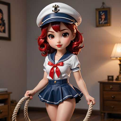 A 3D rendering of a young girl dressed as a sailor with red hair and a white hat, holding a rope and standing against a gray wall with a picture frame on the right side.