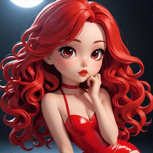 A 3D rendering of a young girl with red hair and a red dress, wearing a red strapless bra and looking up at the camera with her hand on her chin.