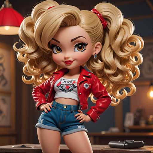 The image shows a figurine of a blonde girl with curly hair wearing a red jacket and blue shorts. The figurine is posed on the left side of the frame, standing against a dark background that includes a lamp and a painting.