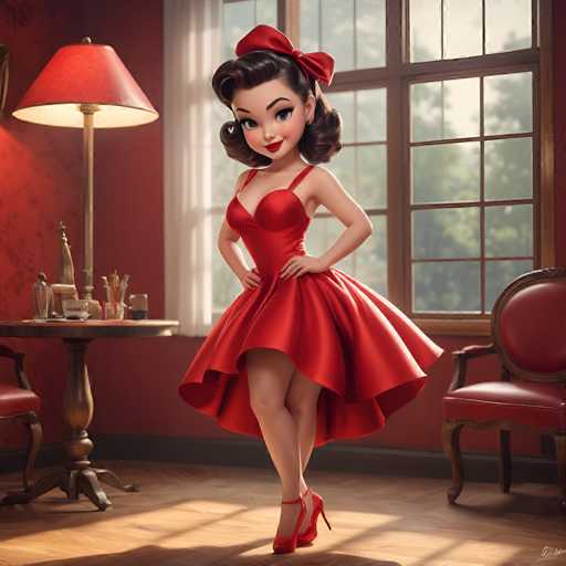 A woman is standing in front of a window with her hands on her hips and wearing a red dress that matches the color of the lampshade above it. The room has a red wall and a wooden table with a vase on top.
