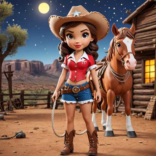 The image depicts two cartoon characters - a girl and a horse. The girl is wearing a cowboy hat and boots, while the horse has a bridle on its head. They are standing in front of a wooden cabin with a window that is lit up at night.