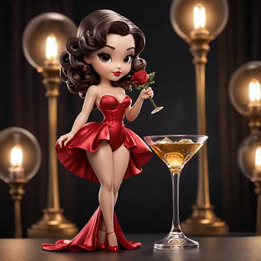 A figurine of a woman dressed in a red dress and holding a glass of wine is the main focus of the image. The background features gold lights that create an elegant atmosphere around her.