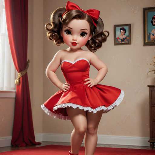 A doll with red hair and a red dress is standing on a red carpet in front of a window with white curtains. The doll has brown hair styled into curls and is wearing a red bow in her hair.