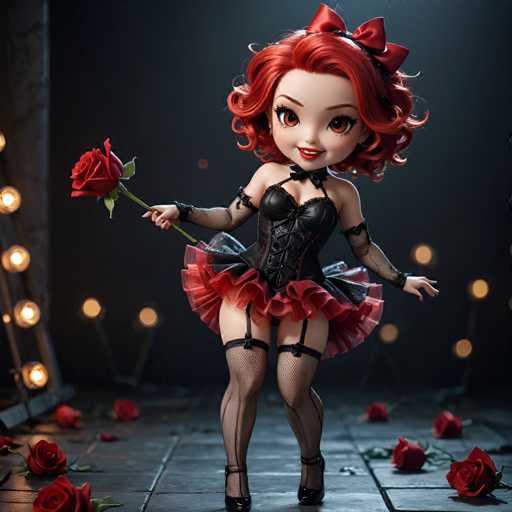 A charming red-haired girl with a bow on her head is the main subject of this image. She's dressed in a black tutu and stockings, giving off an air of elegance and sophistication. The background features a dark purple color scheme, which contrasts beautifully with the girl's vibrant hair color. Surrounding her are numerous red roses scattered across the floor, adding a touch of romance to the scene.