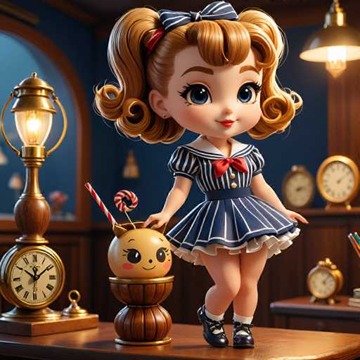 A charming cartoon girl with blonde hair and blue eyes is standing on a wooden table next to a clock and a candy cane. The girl is wearing a blue dress with white stripes and red shoes. A small wooden boat sits beside her.