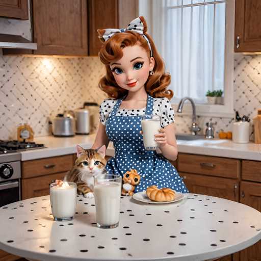 A woman with red hair and a blue polka dot apron is sitting at a kitchen table holding a glass of milk while her cat sits on the table next to two glasses filled with milk. The table also has a plate of croissants and a plant in front of it, creating an atmosphere of comfort and relaxation.
