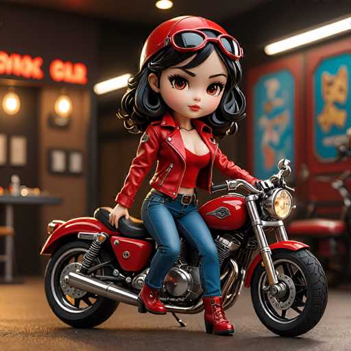 A figurine of a girl is seated on a red motorcycle with black tires and a white license plate. The girl is wearing a red jacket and blue jeans, and she has sunglasses on her head. The background shows a bar or restaurant setting with various decorations such as posters and paintings.