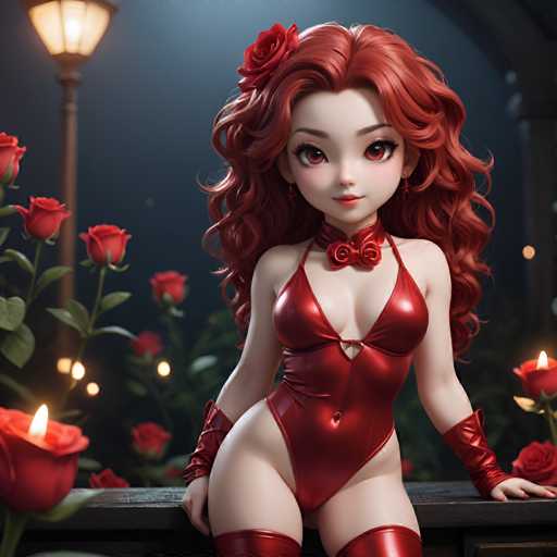 The image depicts a woman with red hair and a red dress standing on a bench surrounded by roses. The setting is dark, creating an atmospheric mood that complements the woman's vibrant appearance.