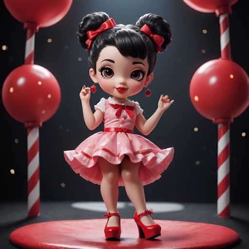 A 3D rendering of a doll with black hair and red hair, dressed in a pink dress and red shoes, standing on a red platform against a dark background featuring three large red balls and two striped poles.