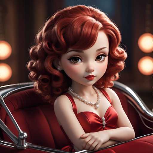 A young girl with red hair is seated on a red car, wearing a red dress and pearl necklace.