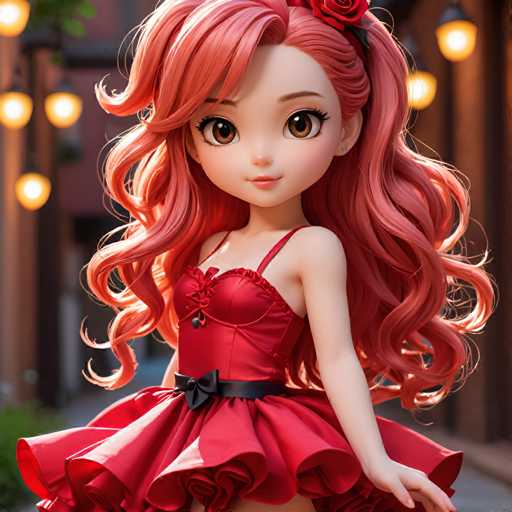 A 3D rendering of a young girl with red hair and a red dress standing on the street at night.