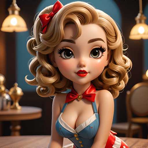 A cartoon girl with blonde hair and red bow is sitting at a table with her legs crossed, wearing a blue dress and red bowtie. The background features a wooden floor and a chandelier hanging from the ceiling.
