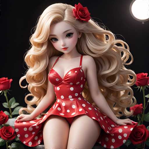 A blonde-haired doll with a red dress and white polka dots is seated on a bench surrounded by roses.