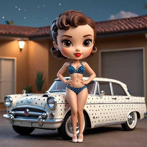 A cartoon girl with brown hair and a blue bikini top is standing next to an old white car with polka dots on the side.