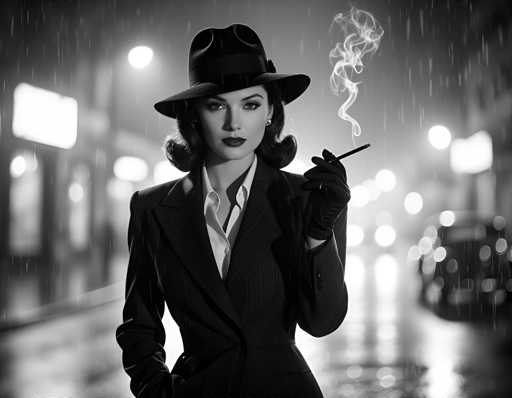 A woman dressed in a suit and hat stands on a street at night, smoking a cigarette with smoke billowing out of it.