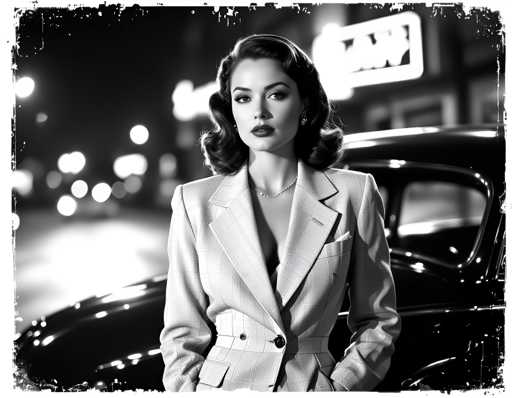 A woman dressed in a white blazer and coat stands confidently next to an old car on the side of a street at night. The car is illuminated by bright lights from nearby buildings, creating a striking contrast against the dark sky.