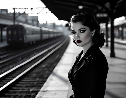 A woman with long dark hair is standing on a train platform, dressed in a black coat and heels. The platform is made of concrete and features a metal roof supported by pillars. In the background, there are tracks leading to an unseen destination.
