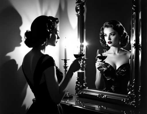 The image is a black and white portrait featuring two women. The woman on the left side of the frame is wearing a long dress and holding a wine glass, while her reflection can be seen in the mirror to her right. The other woman mirrors this scene with an identical outfit and wine glass.
