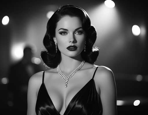 A woman with long dark hair is the central figure in this black and white photograph. She is wearing a strapless dress that falls just below her shoulders, accentuating her curves. The background of the image is filled with lights, creating an ethereal glow around the woman's face. There are no discernible texts or other objects present in the image.