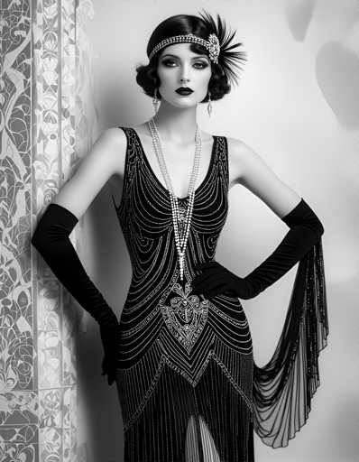 A woman is standing against a white wall with her hands on her hips and wearing a black dress with silver sequins that has a long train. She also wears a feathered headband and gloves.