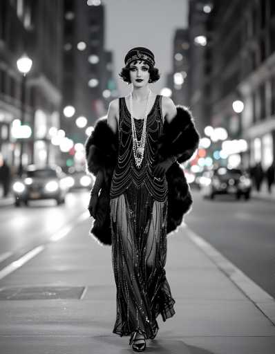 A woman is walking down a city street at night wearing an elegant black dress with a fur stole and pearls around her neck. She carries a large purse over her shoulder and has a serious expression on her face as she walks past the buildings lining the street.