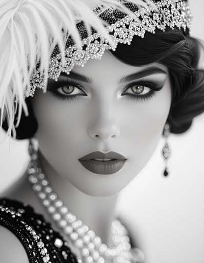 A woman with striking black hair and a white feathered headband is the central figure in this monochrome image. She's wearing a pearl necklace that adds an elegant touch to her appearance. The background is plain white, which contrasts beautifully with the woman's dark hair and features.