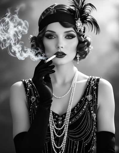 A woman is captured in a moment of quiet elegance against a black and white background. She wears a long dress with pearls that glisten subtly under the light. The woman holds a cigarette to her mouth, her lips painted in a shade of red that contrasts beautifully with the monochrome setting. Her hair is styled in loose curls, adding to her timeless charm.