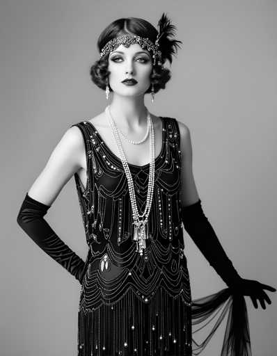A woman is standing against a gray background wearing an elegant black dress with a sequined bodice and skirt adorned with fringe at the bottom. She has her hair styled in loose curls and is wearing a feathered headpiece that complements her attire. The woman's hands are elegantly placed on her hips, and she is looking directly at the camera with a serious expression.